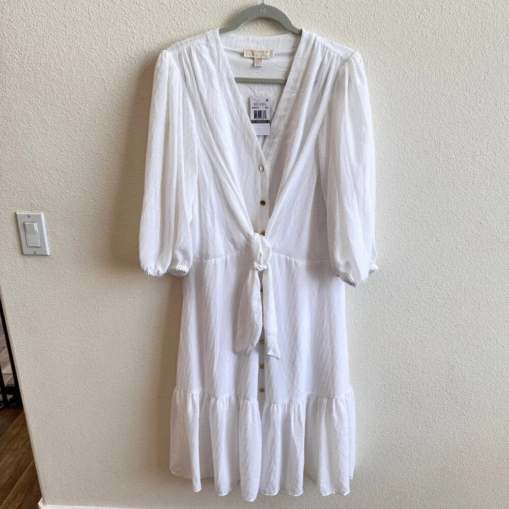 Michael Kors Button Front Dress in White with Tie at Waist - 1X - New